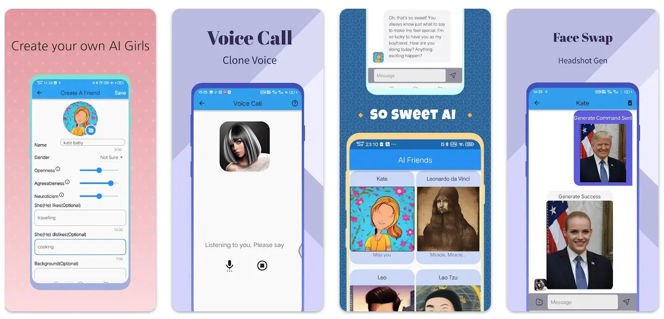 واجهة تطبيق TaleTal AI: القصة والشخصية تعرض محادثة مع شخصية ذكاء اصطناعي