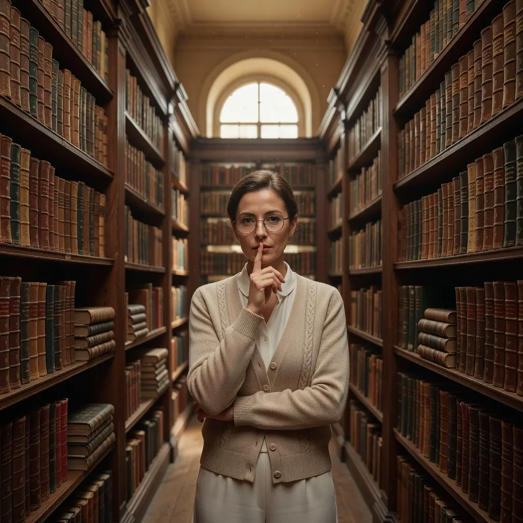 Portret van de Strenge Bibliothecaresse in een klassieke bibliotheek