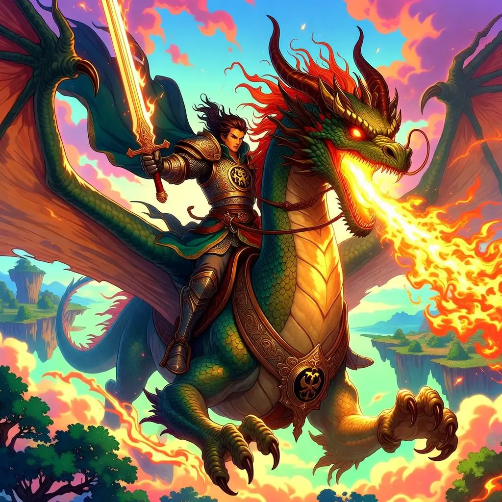 西方幻想风格的魔法师与巨龙在云端对峙的插画